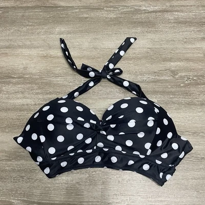 Tempt Me NWT Bikini Top Padded Swim Suit Halter Retro Black White Polka Dot Sz M - Image 1 of 4
