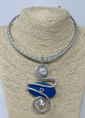 Винтажный Jeff Lieb заявление провода ошейник ожерелье синий кулон модернистский - Изображение 1 из 4