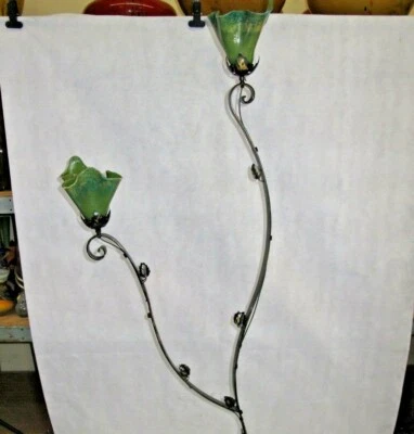 ART DECO  2 LIGHTS WROUGHT IRON FLOOR WITH BLOWN GLASS  SHADES GREEN - Image 1 of 4