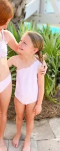 Be Elizabeth James & Lottie Scalloped Swimsuit Pink Stripe 14 Modest Southern - Picture 1 of 9