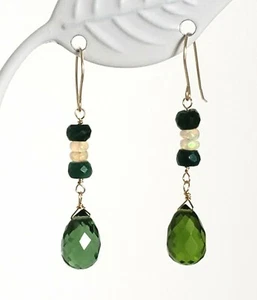 14k Yellow Gold Peridot Briolette, Ethiopian Opal and Sapphire Dangle Earrings - Picture 1 of 6