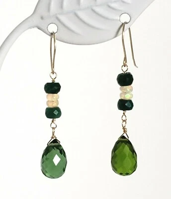 14k Yellow Gold Peridot Briolette, Ethiopian Opal and Sapphire Dangle Earrings - Image 1 of 4
