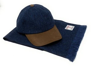 Harris Tweed Baseball Cap and Scarf Set in Navy Herringbone - Picture 1 of 10