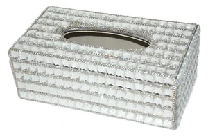 Bling Full Silver Rectangle Diamante Crystal Tissue Paper Case Box Holder Xmas - Picture 1 of 6