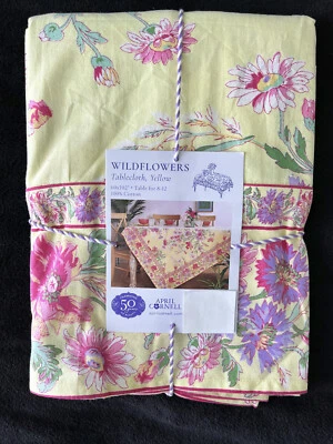 APRIL CORNELL - YELLOW PINK GREEN - WILDFLOWERS - TABLECLOTH 60 X 102 - NEW - Image 1 of 3