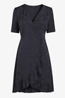 New Next Size 14 Navy Blue Floral Jacquard Tailored Wrap Tea Dress Ruffle Hem