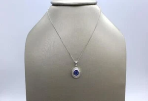 EFFY 14kt White Gold Blue Sapphire Diamond Cluster Pendant Necklace 19" - Picture 1 of 9