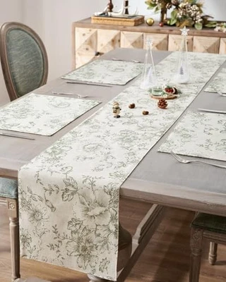  Floral Linen Table Runner for 90" x 13" (Rectangular) Peony | Green on Beige Foto 1 de 4