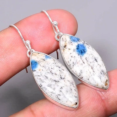 K2 Blue - Azurite In Quartz 925 Sterling Silver Handmade Earring 1.95" E6174-19 - Image 1 of 4