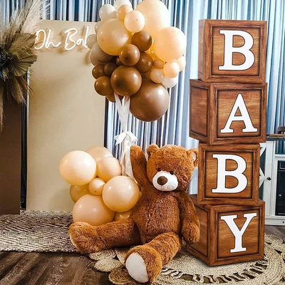 Caixas de chá de bebê decorações de festa - 4 blocos de madeira marrom grão com letra BABY - Imagem 1 de 4