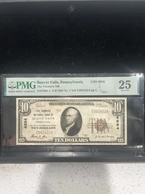 SASA 1929 Farmers National Bank Beaver Falls PA $10 Pmg Vf25 - Image 1 of 2