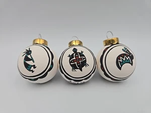 3 Handmade Signed Native American Clay Pottery Christmas Ornaments Round 1.5" - Picture 1 of 3