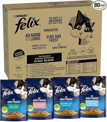 FELIX Le Ghiottonerie Adult Cat Wet Food, Jelly Snacks with Tuna, Salmon, Cod, C - Immagine 1 di 4