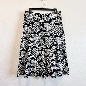 JM Collection Linen Skirt 10 Black White Leaf Print A-Line Boho Midi Career - Picture 1 of 6