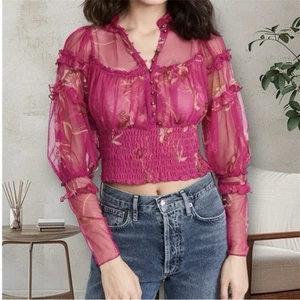 Free People Time For Shine Mesh Cropped Smocked Pink Purple Floral Blouse Top Sm - Picture 1 of 14