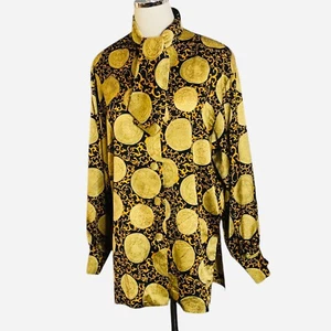 Vtg Sycamore Paris France Blouse Size Large Black Gold Medallion Ascot Tie Neck - Picture 1 of 15