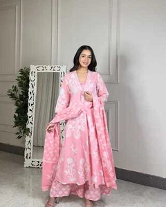 Party wear pure cotton printed long anarkali kurti with pant and dupatta set, - Picture 1 of 4