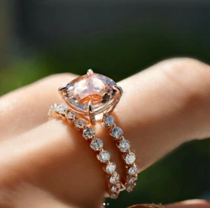 2.3ct Morganite & Diamond Bridal Set Engagement Ring Band 14k SOLID Rose Gold - Picture 1 of 11