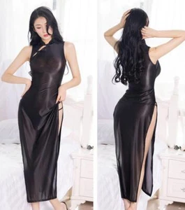 Women Shiny Bodycon Dress Open Chest Satin Silk High Split Long Cheongsam Qipao - Picture 1 of 8