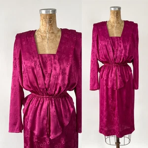 VTG 1980s Magenta Pink Satin Jacquard Blouson Peplum Party Dress 1940s Style XS - Picture 1 of 8