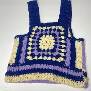 Vintage Hand Crochet Small? Boho Multi Color Purple Granny Square Sweater Vest - Picture 1 of 4