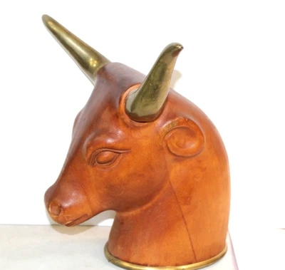 Vintage Mid Century Carved Wood Brass Bull Head Sculpture Bust Sarreid Italian - Image 1 of 4