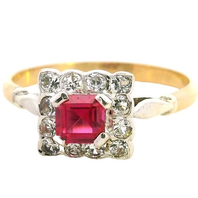9ct Yellow & White Gold Crafted Ruby Ring Halo of Cubic Zirconia Elegant Design - Image 1 of 4