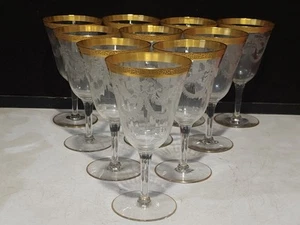 SET OF 10- Fostoria Gold Encrusted #766-1 Etched Water or Wine Glasses - Picture 1 of 13