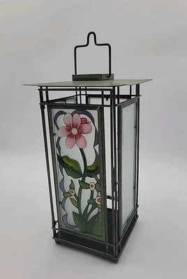 Linterna Vela Decorativa Colgante Interior/Exterior 12 pulgadas Vintage Metal Vidrio Floral Foto 1 de 4