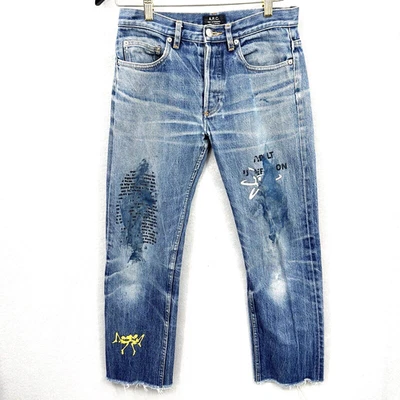 A.P.C. Jeans jeans feminino Selvedge desgastado 28 pintado academia caveira grunge - Imagem 1 de 4