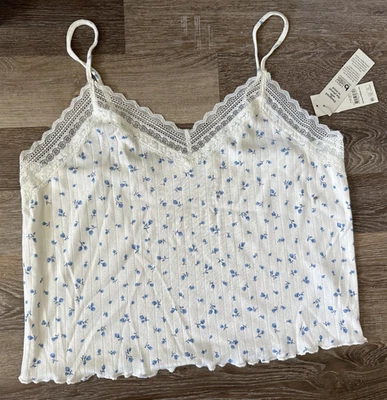 Camiseta sin mangas No Boundaries con ribete de encaje cami blanca azul estampado floral para jóvenes XXL 20 Foto 1 de 4