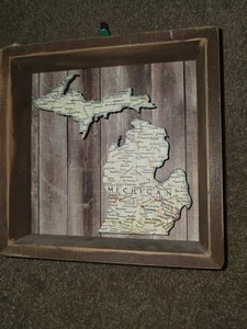 Handmade Michigan Map Shadow Box Wall Art - Rustic Wood Frame - Upper & Lower - Picture 1 of 4