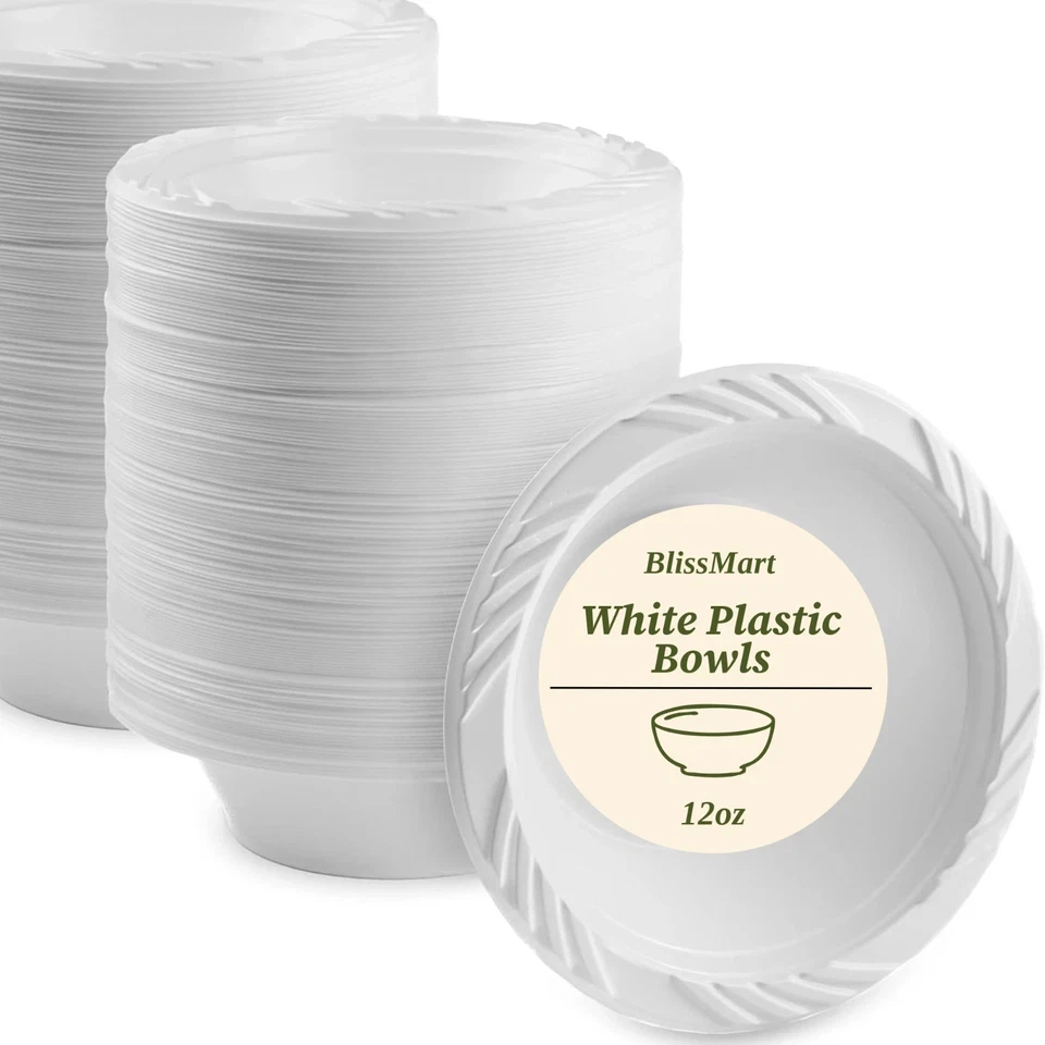100  White Reusable Plastic Bowls for Party 12OZ Party Wedding, for soup, snacks - Image 1 of 4