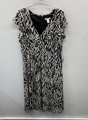 London Times Black White Leaf Print Stretch V-Neck Dress Women's 16 NWT - Image 1 of 4