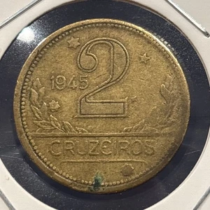 1945 Brazil 2 Cruzeiro Coin Brasil Map - Picture 1 of 2