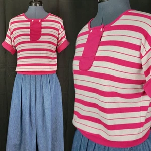 Vtg Koret Hot Pink & White Striped Top w Rolled Cuffs & Knit Waistband Size M - Picture 1 of 17