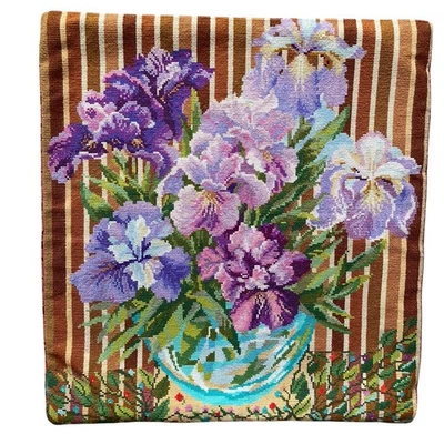 Handmade Cross Stitch Throw Pillow Cover Multicolor Iris Floral OOAK - Image 1 of 4