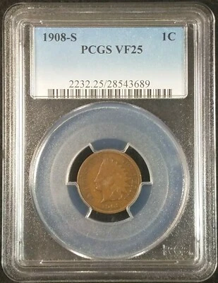1908-S Indian Head Cent PCGS VF25 2232.25/28543689 Exquisite Coin Rare - Image 1 of 4