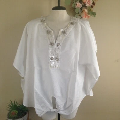 Chico's White Sz 3P (16-18) Tie Front Summer Top Linen Blend Beach Cruise - Image 1 of 4