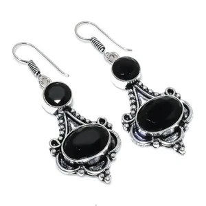Black Spinel Gemstone handmade 925 Sterling Silver Jewelry Earrings Sz 2.0" - Picture 1 of 1