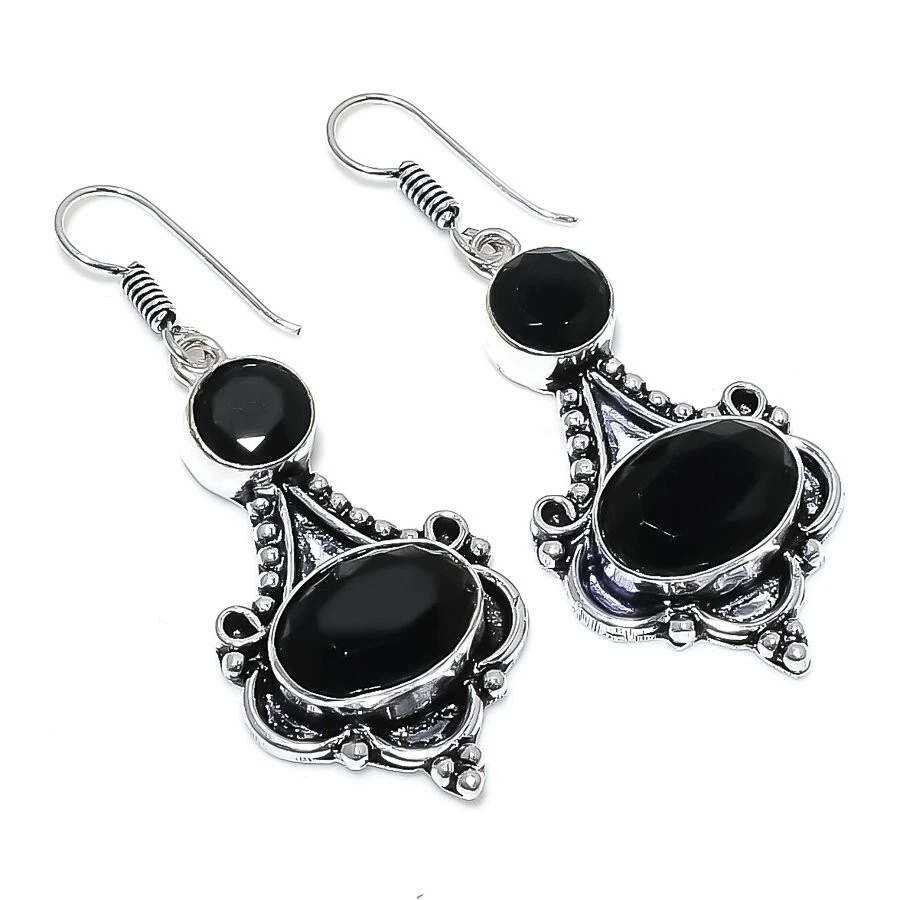 Black Spinel Gemstone handmade 925 Sterling Silver Jewelry Earrings Sz 2.0" - Image 1 of 1