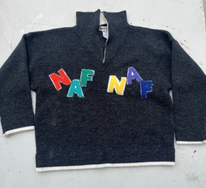 Women’s Vintage NAF NAF Sweater Charcoal Huge Spell-Out 0 90s Pullover Retro Zip - Picture 1 of 14