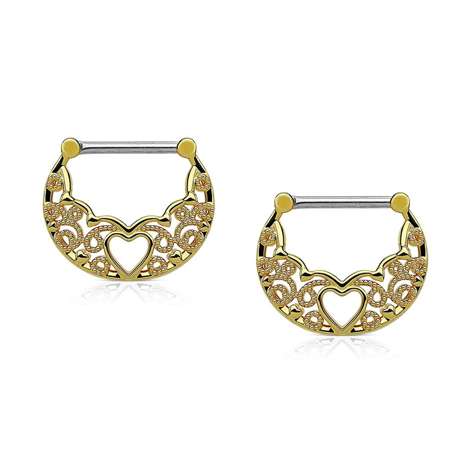 Pair of Nipple Clickers 14G Filigree Design with Hollow Heart Center - Image 1 of 1