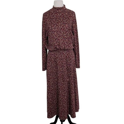 Vintage Lands End Floral Maxi Dress Womens Size Medium Red Modest Turtleneck - Image 1 of 4