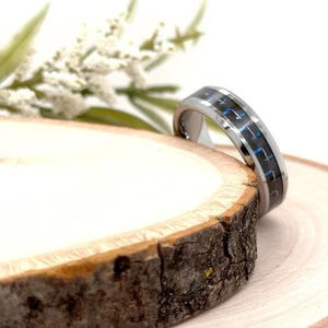 Unisex 6mm Silver Tungsten Band Blue carbon Fiber Inlay Polished Edges Ring - Picture 1 of 4