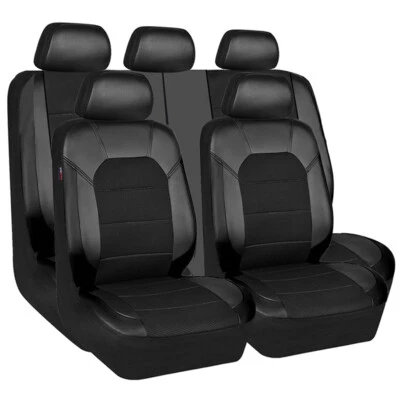 Juego completo universal protector de cuero para asiento de coche negro cojín delantero trasero 9 piezas Foto 1 de 4