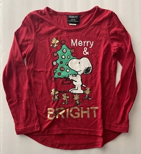 Peanuts T-shirt Girls 7 8 Merry & Bright Christmas Tree Snoopy Red Graphic Long - Picture 1 of 6