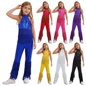 Kids Girls Leotard Long Rompers Fancy Jumpsuit Halter Bodysuit Latin Outfit - Picture 1 of 95