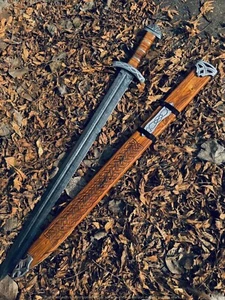 Hand Forged Damascus steel Viking Sword With Ash Wood Handle And With Scabbard - Picture 1 of 10
