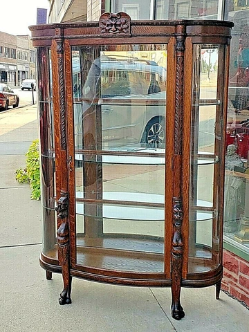 Victorian Antique Oak carved Grifin Curio curved glass china cabinet Horner? Cover